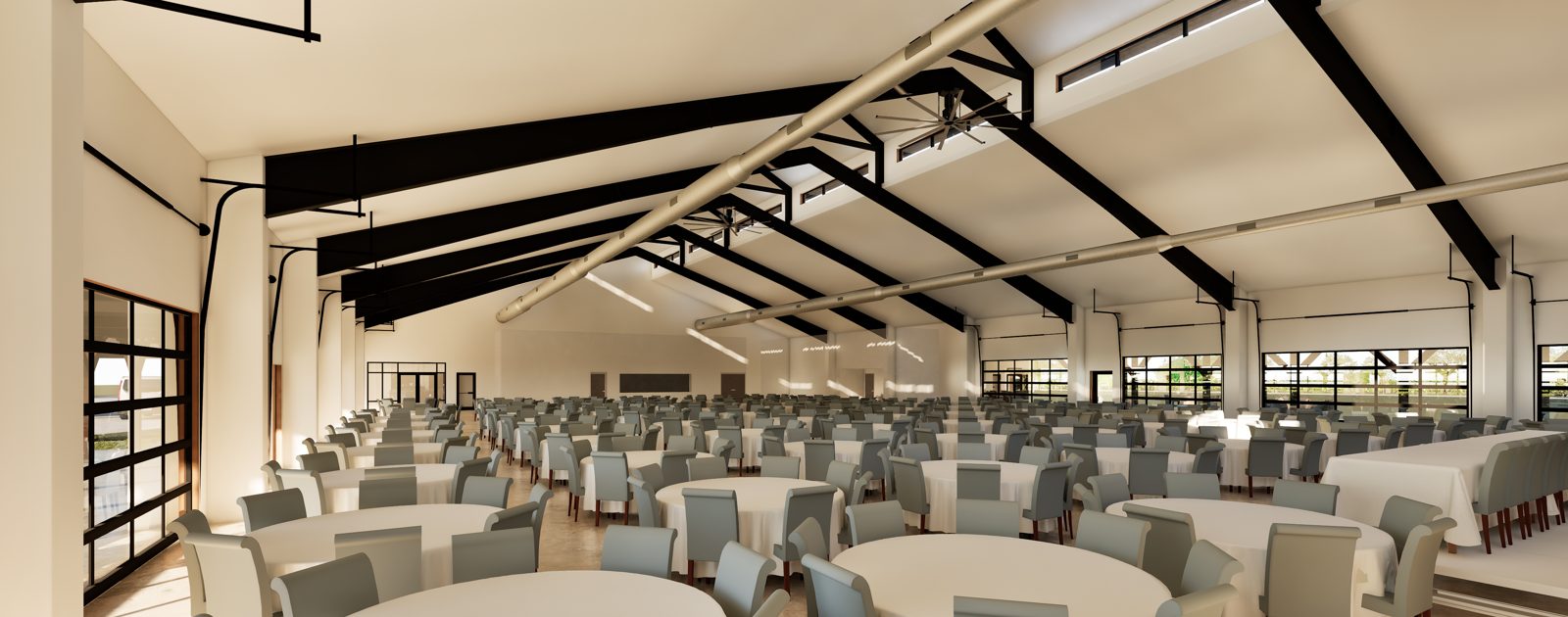 Rendering of the main hall with rows of banquet tables