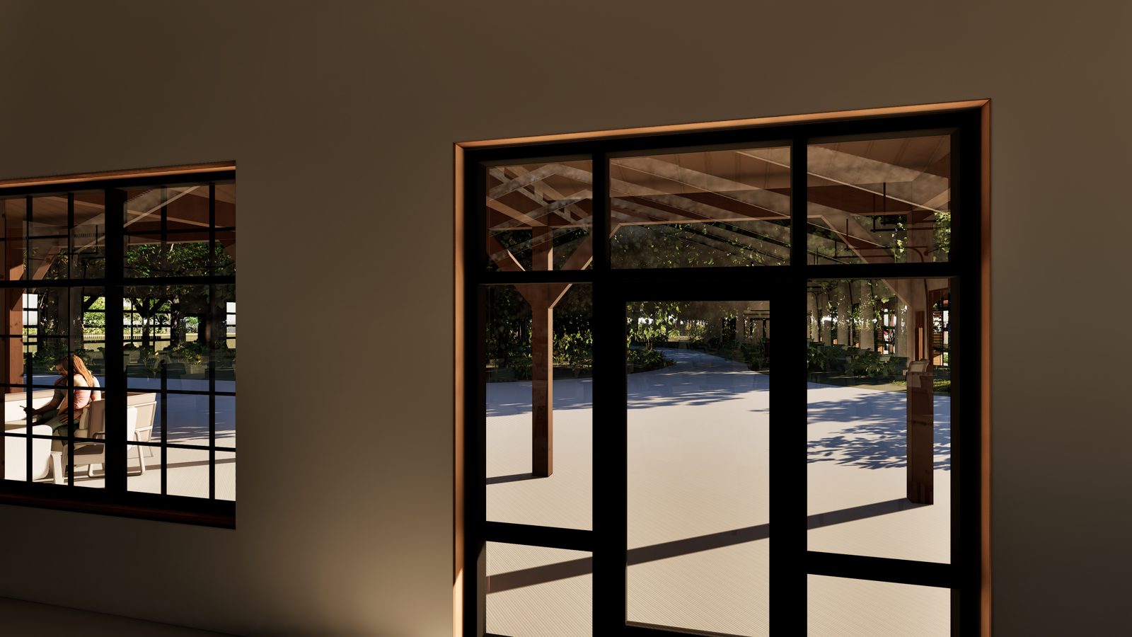Rendering looking out from inside the facility toward the shaded patio