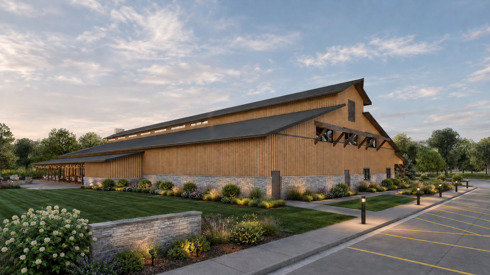 Rendering of the new multi-use facility and lawn in daylight