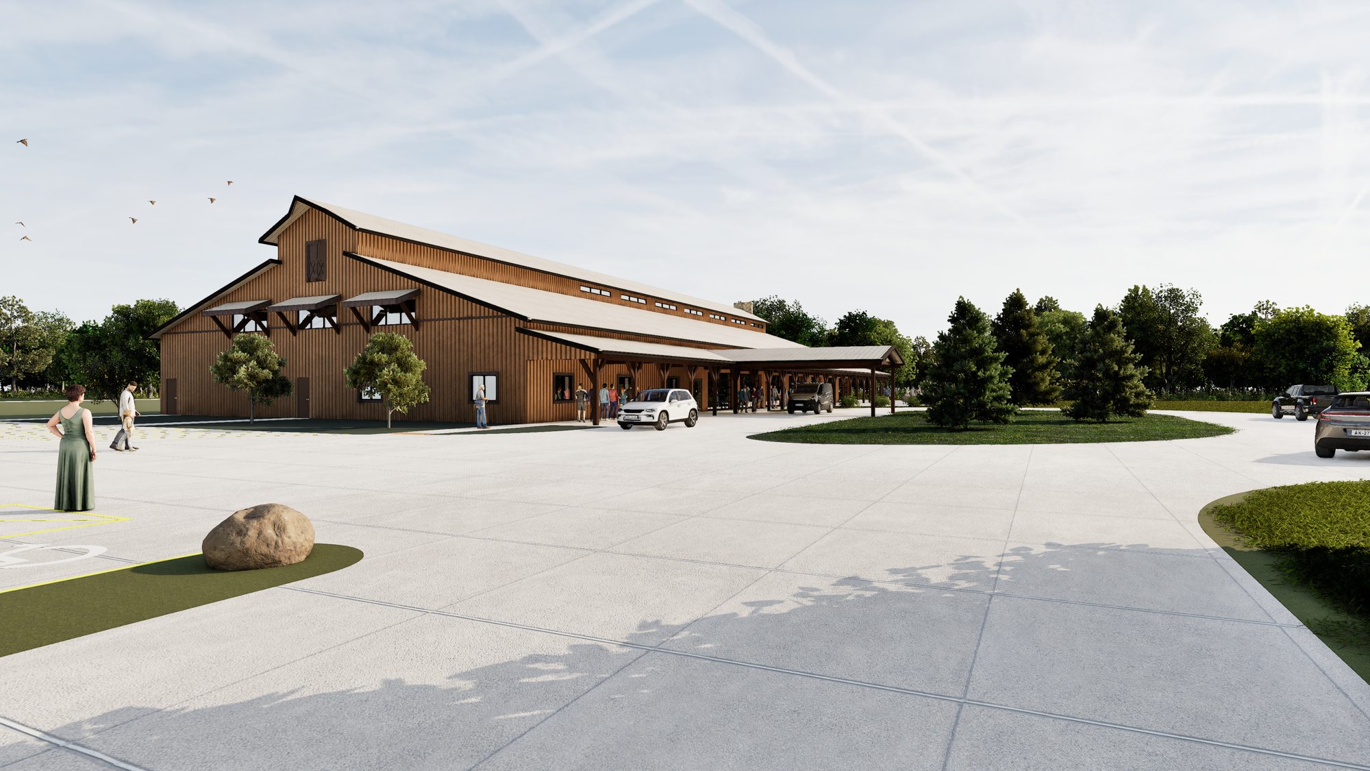 Rendering of the new multi-use facility with guests arriving under the covered entry