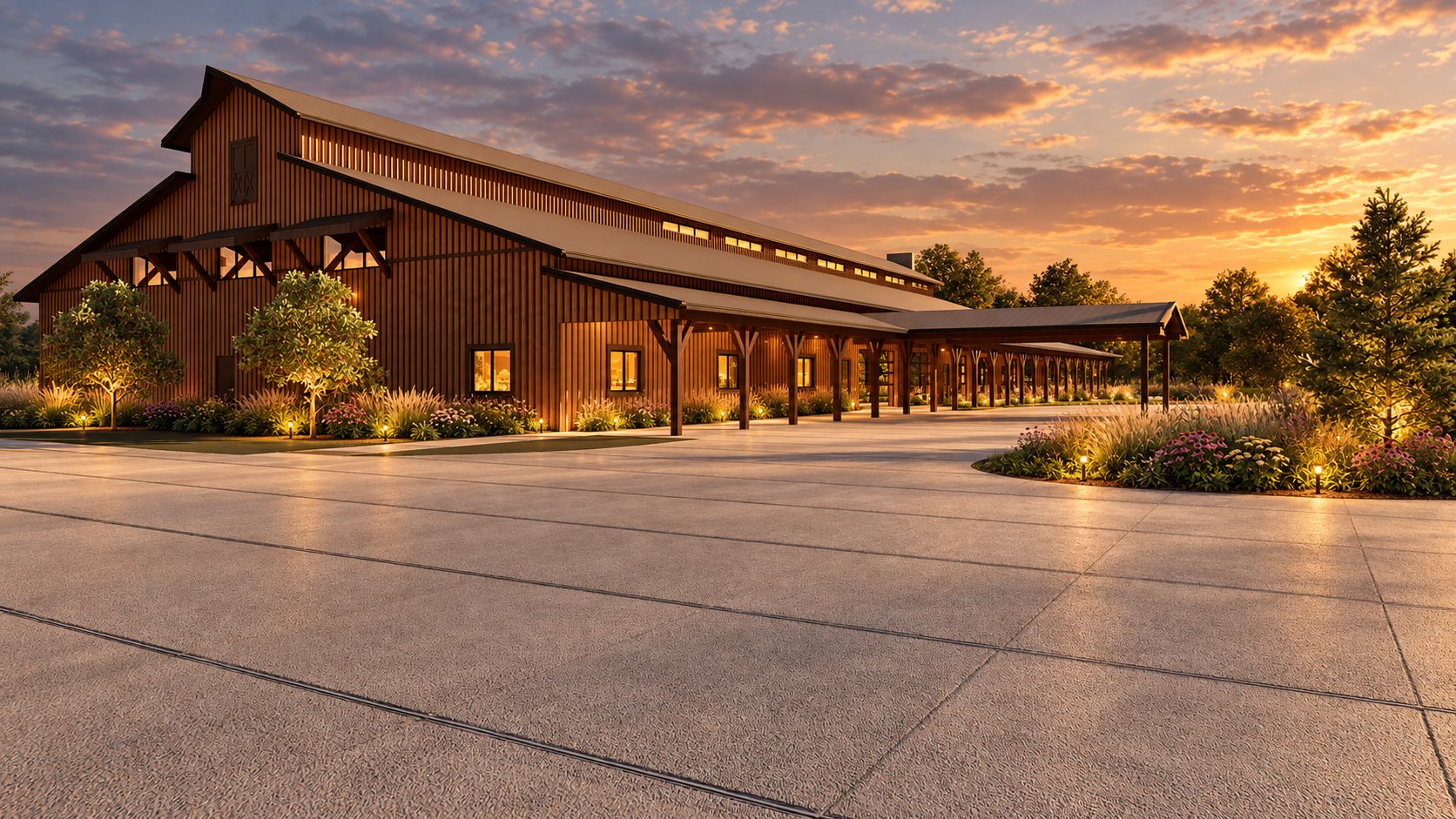Rendering of the new multi-use facility at sunset