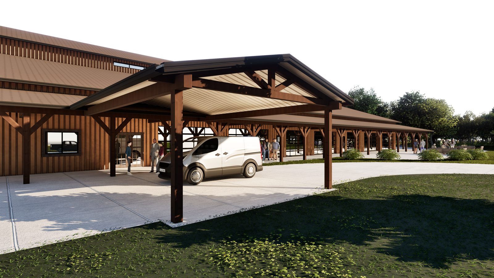 Rendering of guests arriving at the covered entry of the new facility