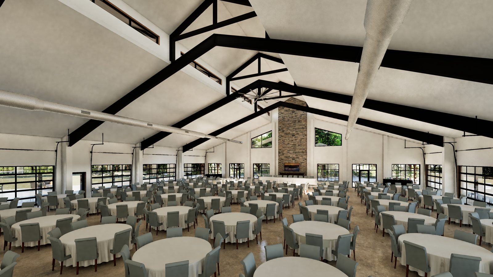 Rendering of the main hall set for a banquet, with stone fireplace and garage-door windows