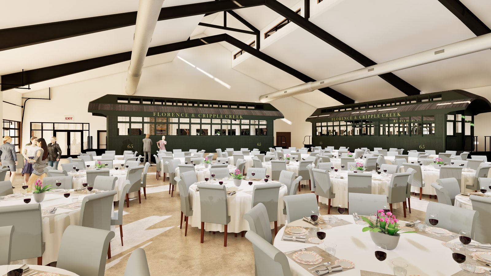 Rendering of the restored Florence & Cripple Creek train cars inside the new event hall